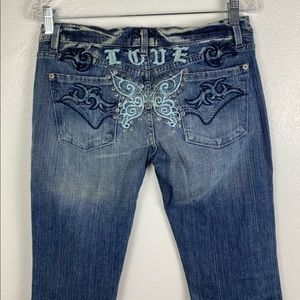 People For Peace LOVE Jeans Flare Studs Embroidered Long Size 29